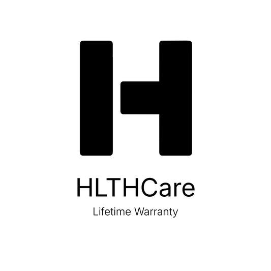 HLTHCare logo with a black H symbol on a white background, displaying the text HLTHCare and Lifetime Warranty.